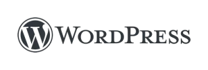 Musta WordPress logo läpinäkyvällä taustalla ja mustalla tekstillä.