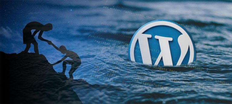 Siluettikuva kahdesta henkilöstä auttamassa toisiaan vuoristossa, taustalla WordPress-logo.
