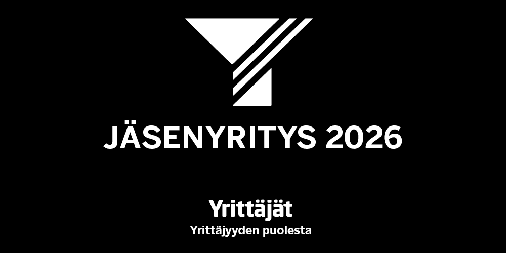 Suomen yrittäjät jäsenyritys 2026 logo mustalla taustavärillä ja valkoisella tekstillä.