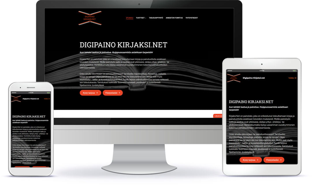 Kirjaksi.net WordPress-verkkosivun esittely eri laitteilla.