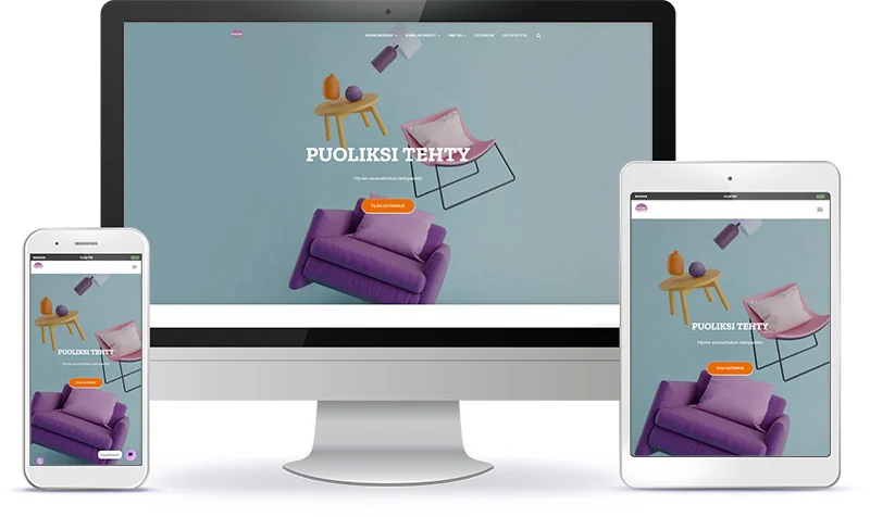 Puoliksitehty.fi WordPress-verkkosivun esittely eri laitteilla.