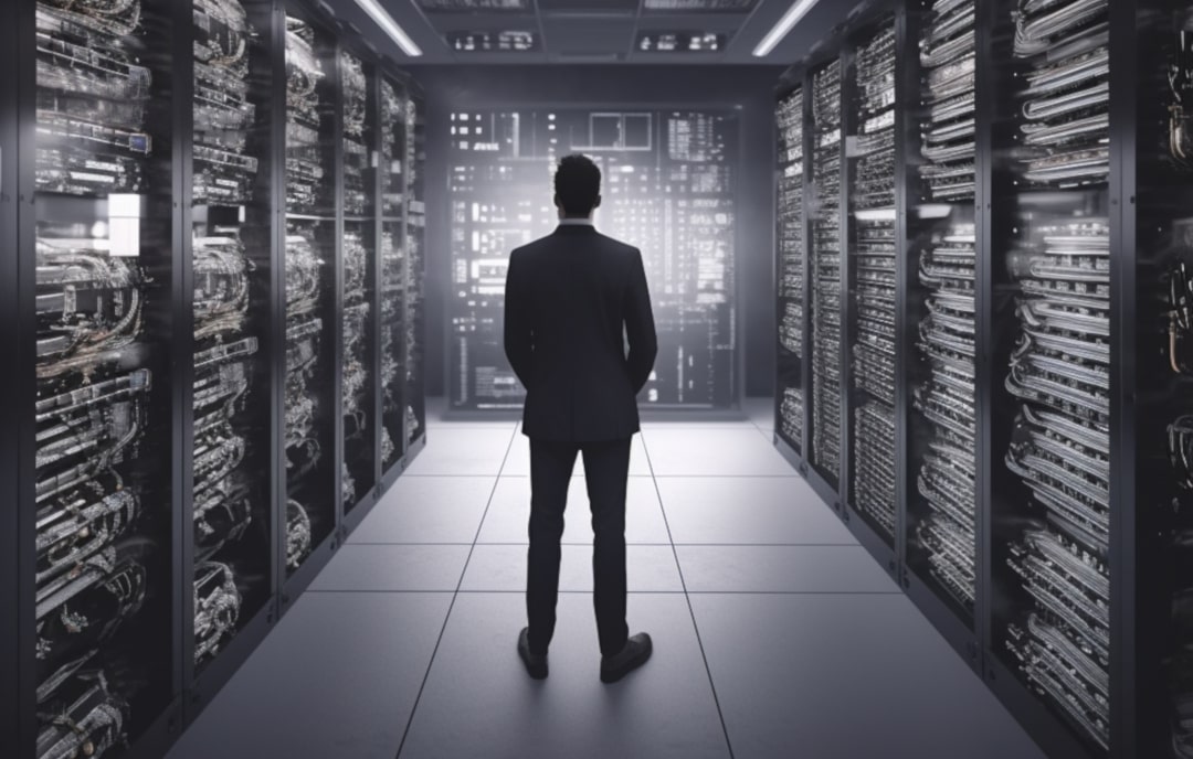 Henkilö seisomassa palvelinsalissa, jossa on riveittäin palvelimia.