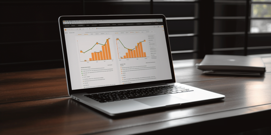 Kannettava tietokone työpöydällä, näytössä tilastografiikkaa.