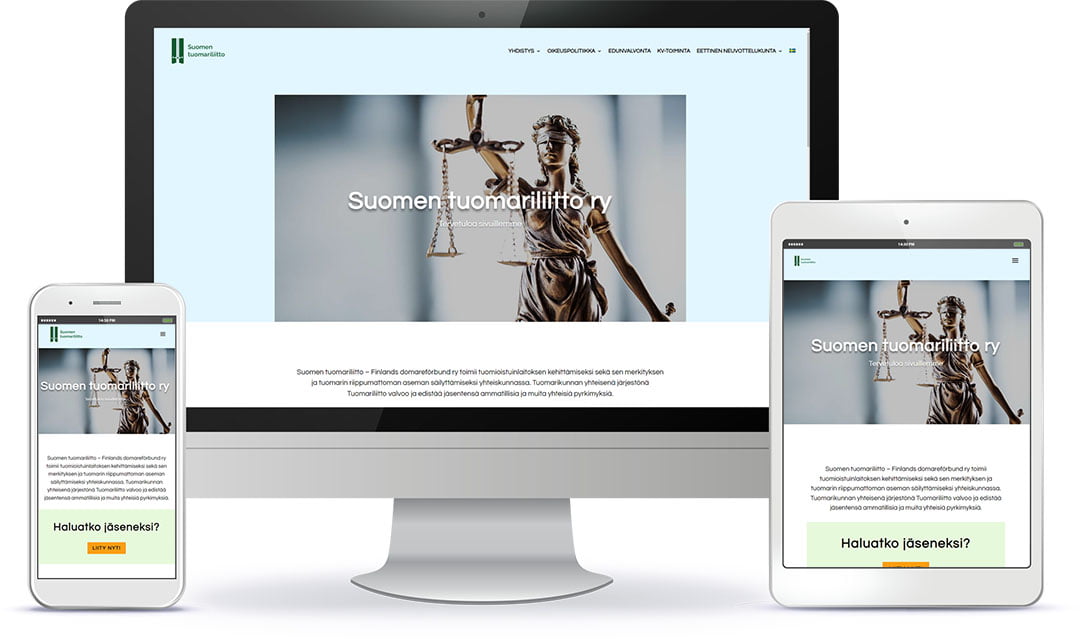 Tuomariliitto WordPress-verkkosivun esittely eri laitteilla.