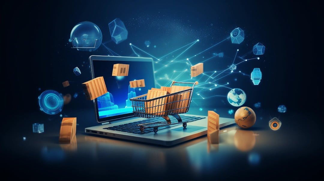 Verkkokaupan maksuratkaisuja esittävä tietokonegrafiikka ostoskorilla ja paketeilla.