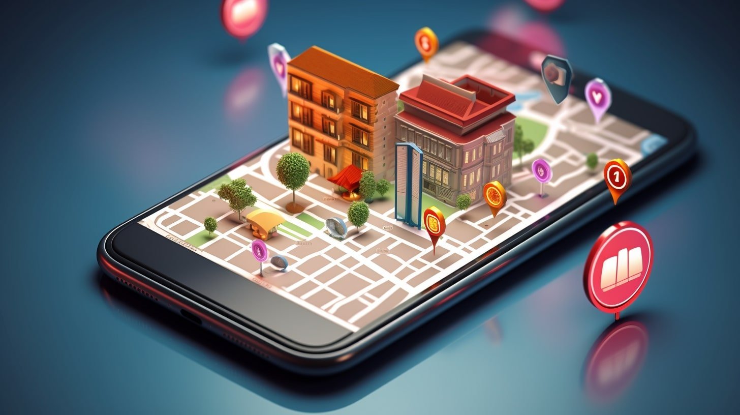 Karttasovellus mobiililaitteessa esittäen hyperlokaalia mainontaa.