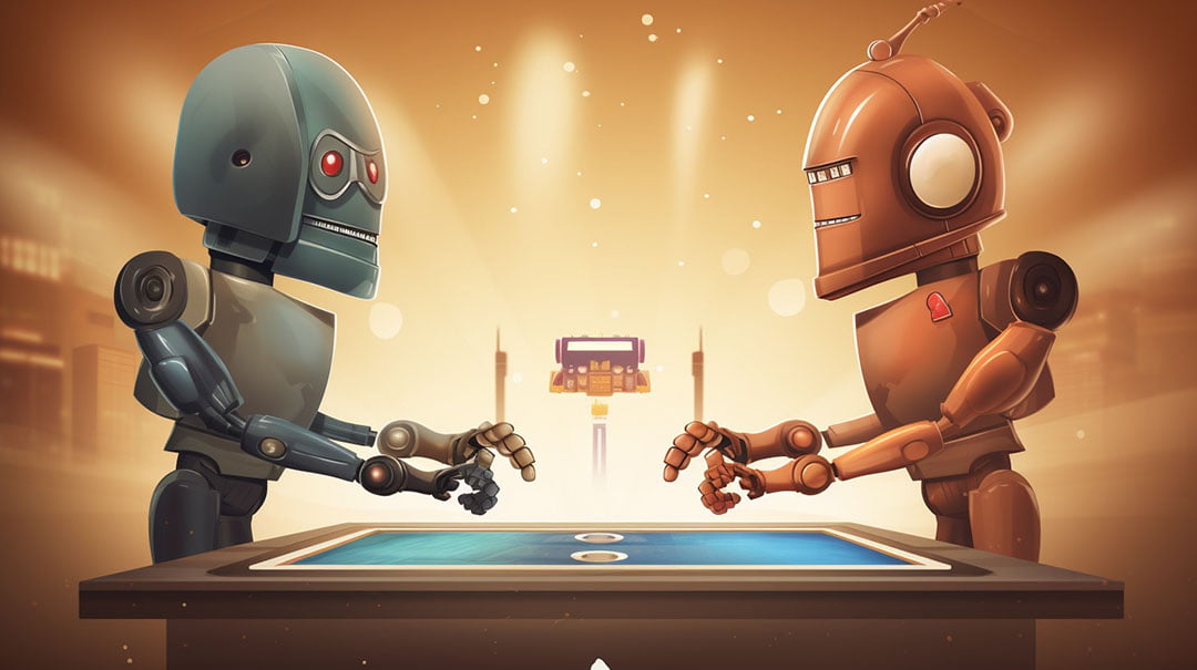 Kaksi robottia pelaamassa pöytäpeliä keskenään.