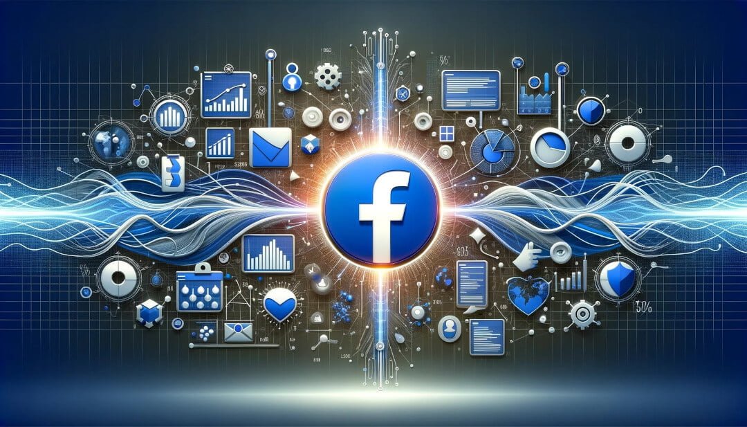 Facebookin logo ympäröitynä erilaisilla sosiaalisen median ikoneilla ja grafiikoilla.