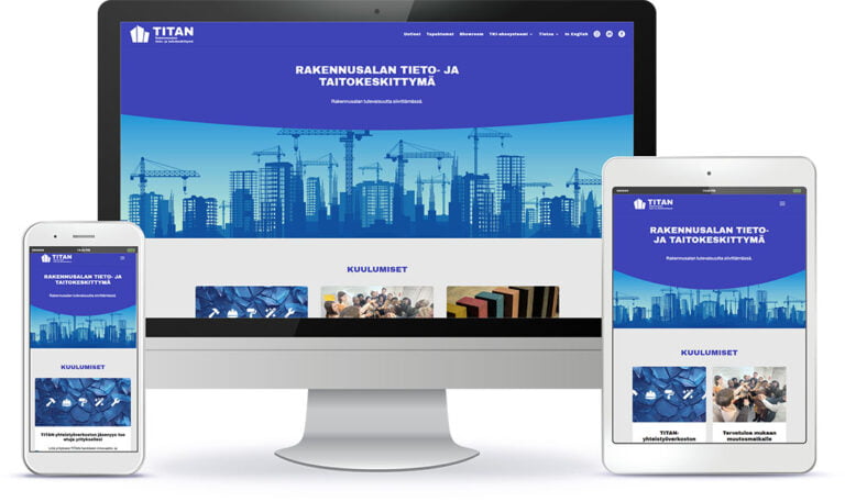Rakennusalan tieto- ja taitokeskittymän WordPress-verkkosivun esittely eri laitteilla.