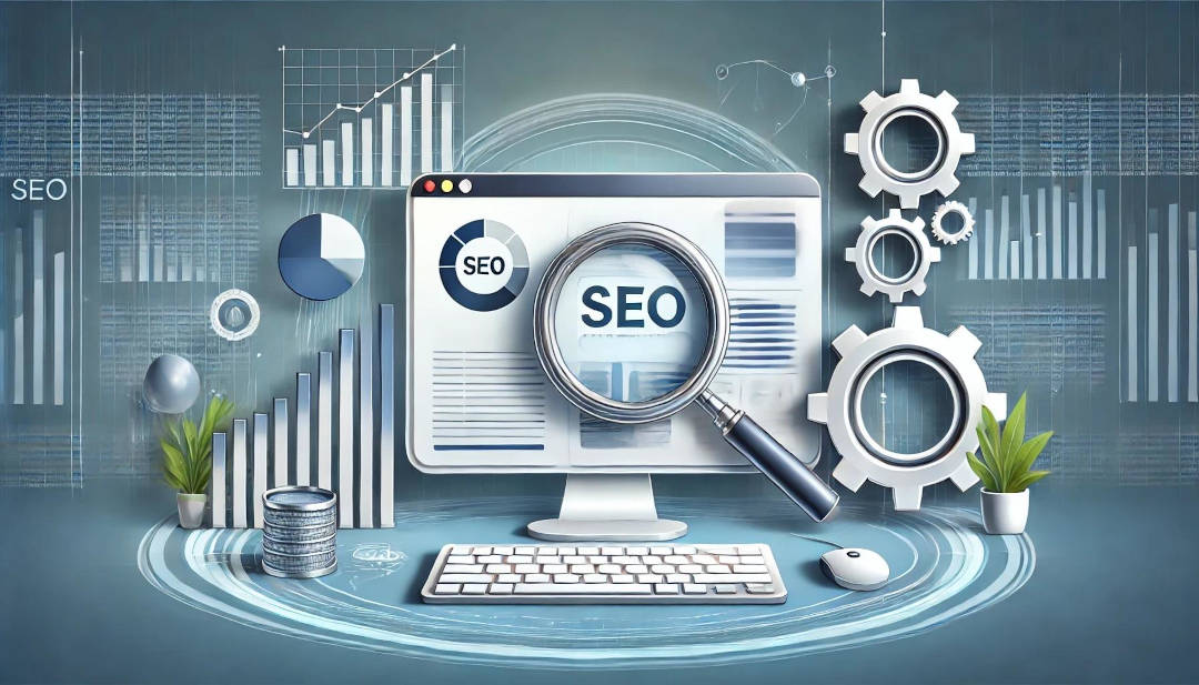 Tietokoneen näyttö, jossa näkyy suuri suurennuslasi, jonka sisällä lukee "SEO". Näytön ympärillä on erilaisia graafisia elementtejä, kuten kaavioita, pylväsdiagrammeja, vaihdepyöriä ja kasveja ruukuissa. Kuvan tausta on vaaleansininen, ja siinä on lukuisia hakukoneoptimointiin liittyviä symboleja ja ikoneita.
