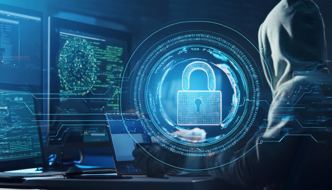 Hakkeri pimeässä huoneessa tietokoneensa ääressä. Hänellä on huppu päässä ja hänen edessään on näyttöjä, joilla pyörii koodia ja digitaalinen turvalukon ikoni, joka kuvastaa tietoturvaohjelmien skannausta ja uhkien havaitsemista.