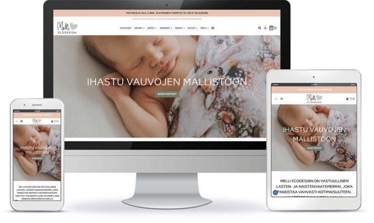 Melli Ecodesign WordPress-verkkosivun esittely eri laitteilla.