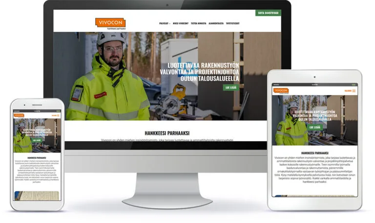 Vivocon WordPress-verkkosivun esittely eri laitteilla.