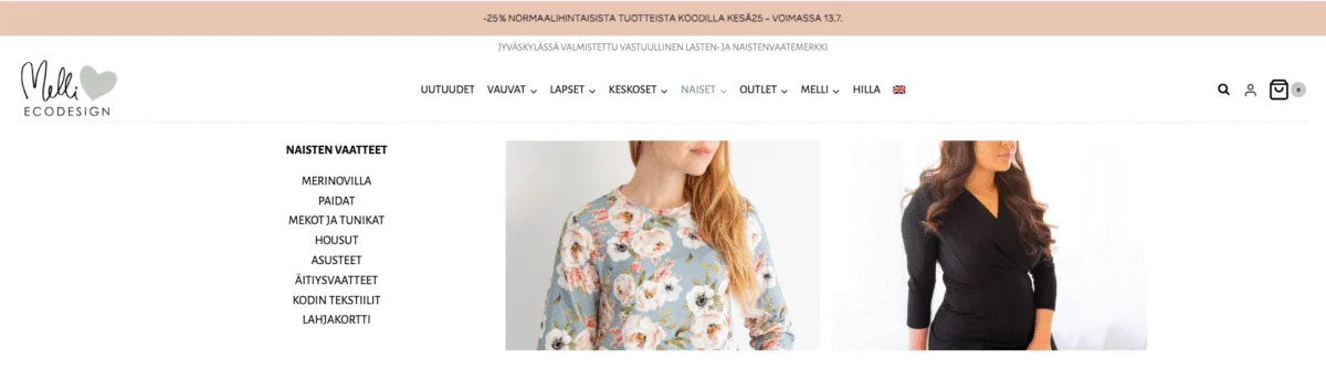 Melli EcoDesign verkkokaupan uusi mega menu, naisten vaatteet.