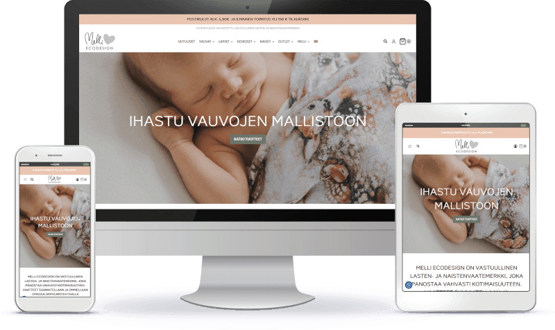 Melli Ecodesign WordPress-verkkokaupan esittely eri laitteilla.