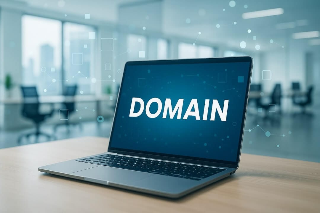 Kannettava tietokone modernissa toimistotilassa, näytöllä sana DOMAIN. Taustalla näkyy epätarkasti kokoustiloja ja leijuvia digitaalisia elementtejä, jotka symboloivat verkkoyhteyksiä ja dataa.