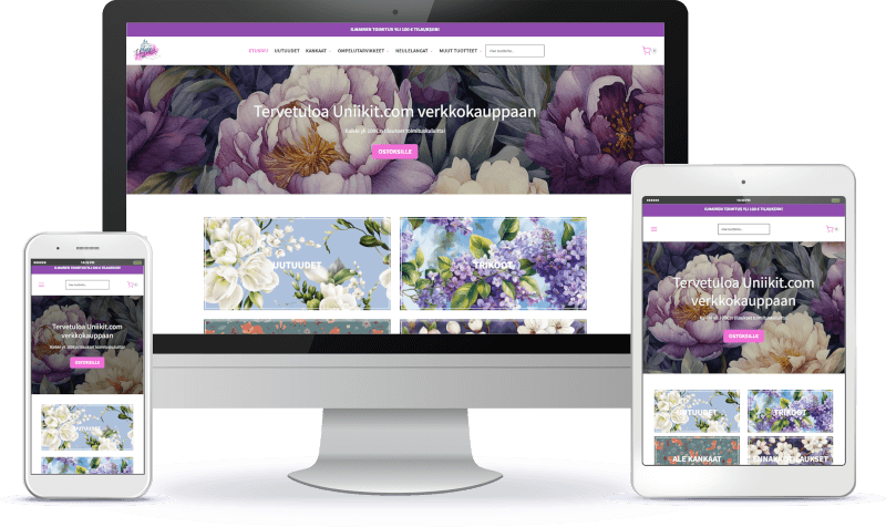 Uniikit.com WordPress-verkkokaupan esittely eri laitteilla.