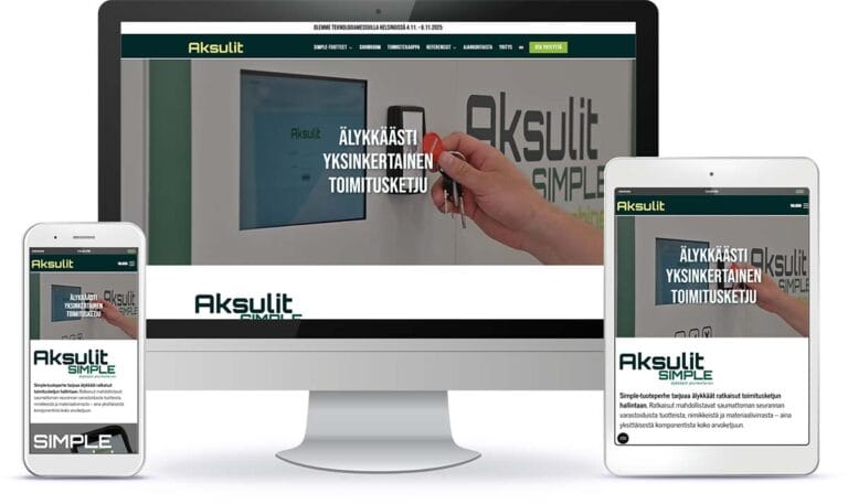 Aksulit.com WordPress-verkkosivuston esittely eri laitteilla.