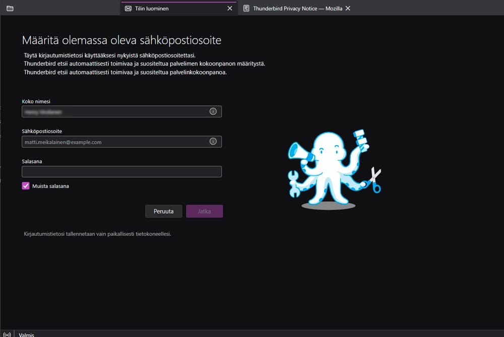 Määritä sähköposti ja salasana Thunderbird-ohjelmaan.