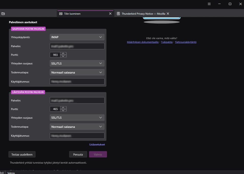 Sähköpostin palvelinasetukset Thunderbird-ohjelmassa.