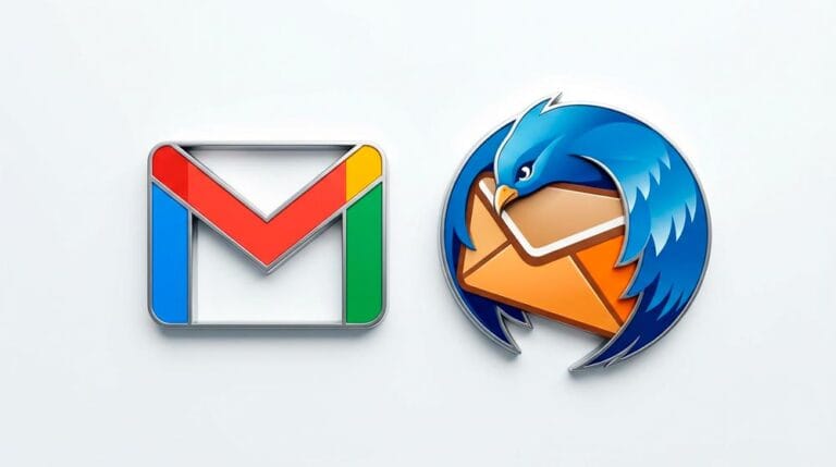 Gmail logo ja thunderbird logo valkealla taustalla.
