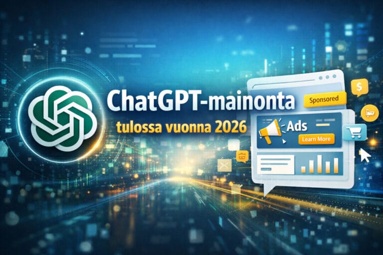 ChatGPT-logo ja havainnekuva tekoälypohjaisesta mainosympäristöstä, jossa korostuu ChatGPT-mainonnan mahdollinen käyttöönotto vuonna 2026.