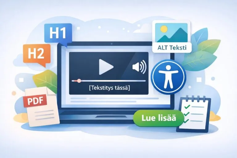 Saavutettavaa verkkosisältöä kuvaava kuvitus, jossa kannettava tietokone, H1- ja H2-otsikkokuplat, ALT-teksti-merkintä, tekstityksellä varustettu video, PDF-kuvake, saavutettavuussymboli ja ”Lue lisää” -painike.