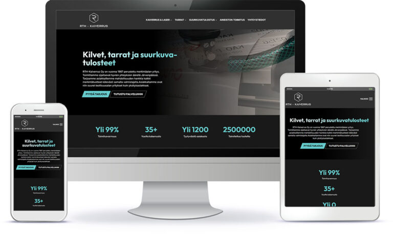 RTH-kaiverrus WordPress-verkkosivun esittely eri laitteilla.