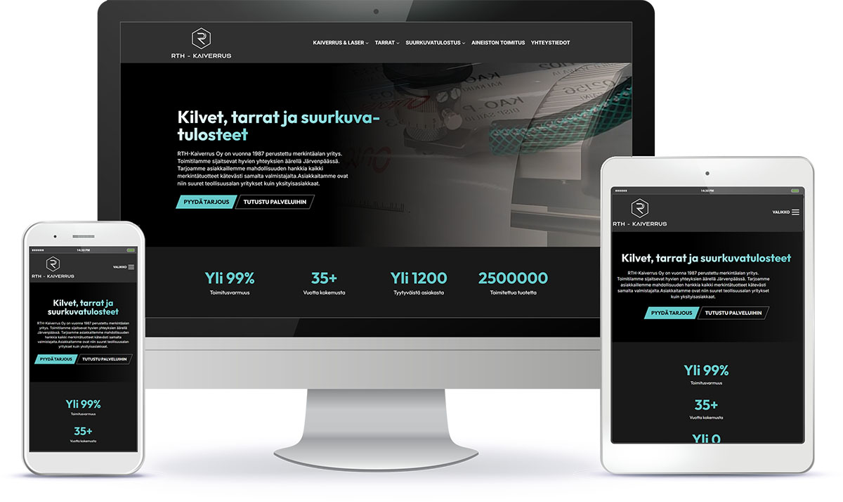 RTH-kaiverrus WordPress-verkkosivun esittely eri laitteilla.