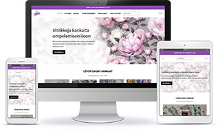 Responsiivisen WordPress-sivuston etusivu näkyy tietokoneen, puhelimen ja tabletin ruuduilla vaaleanpunaisin kukkakuvin ja violetein korostuksin.
